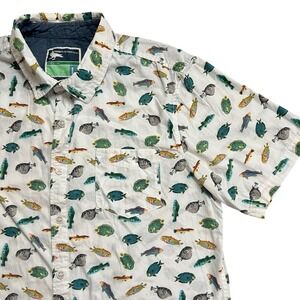 Modern Amusement Men's Button Down Short Sleeve‎ Shirt White Fish Print L
